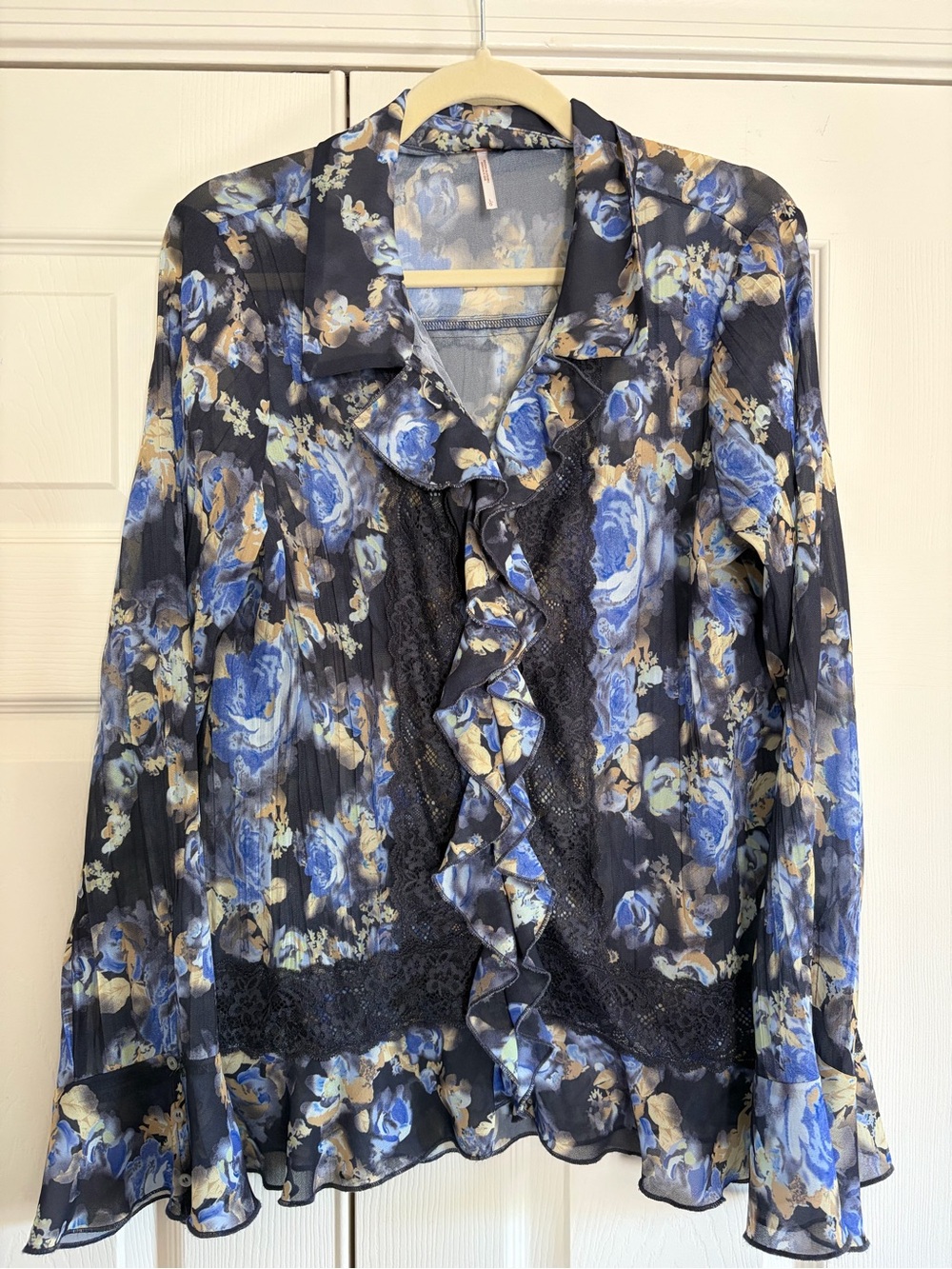 Free People Navy and Blue Floral Ruffle Blouse